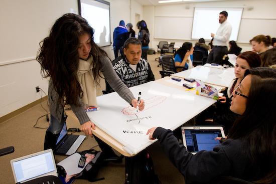 people work in classroom, putting ideas on a whiteboard